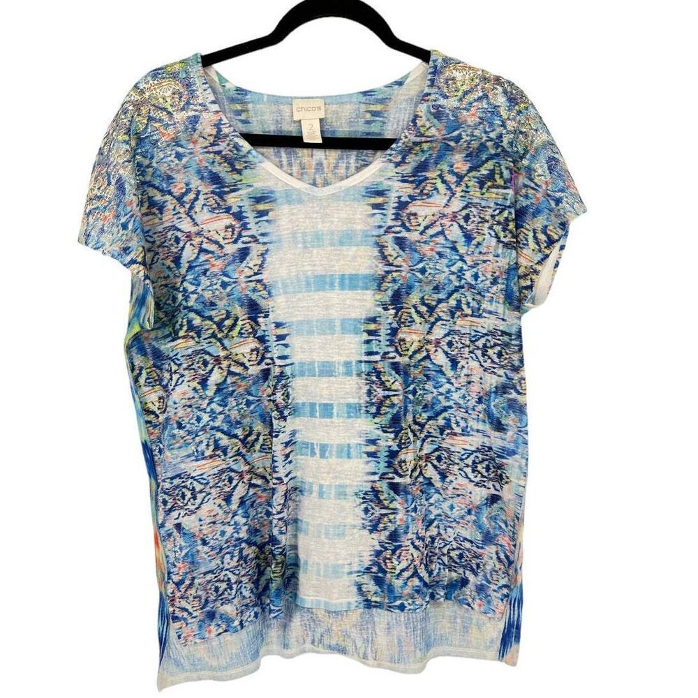 Chico's SZ 2/L/12 Women's Varying Texture‎ Slub Weave High Low Hem Lacey Top